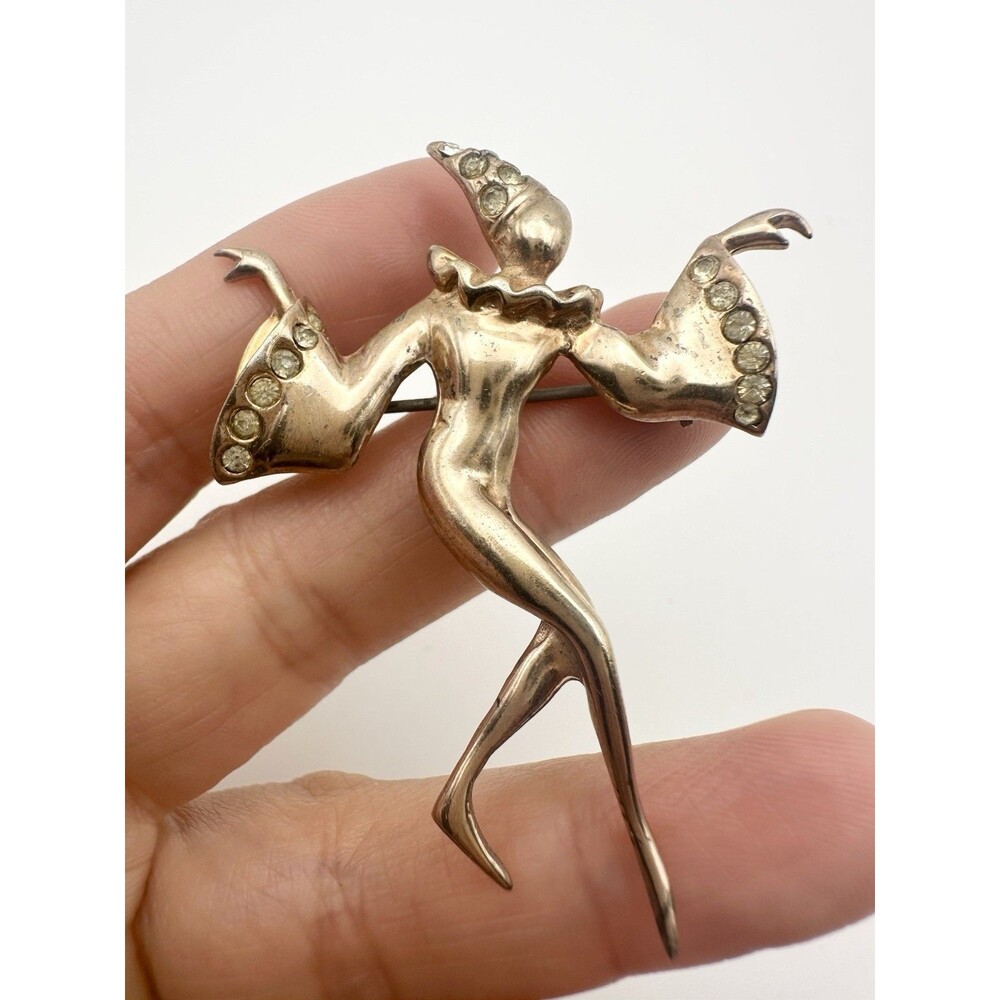 Vintage Sterling Silver Rose Gold Plated Dancing Harlequin Brooch Pin